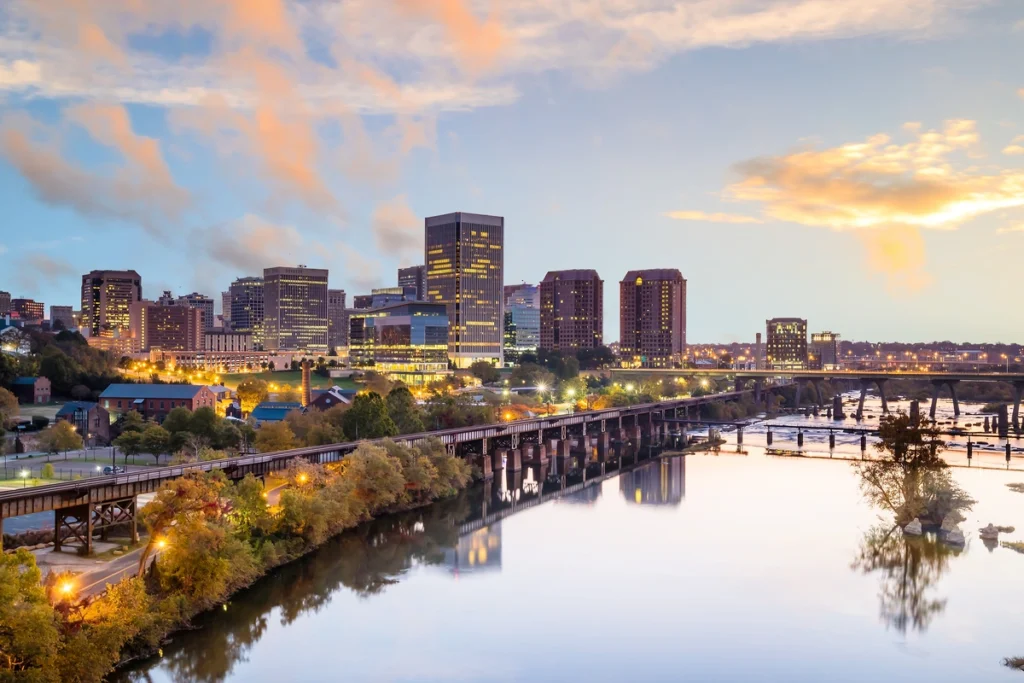 sunset view of downtown by James River