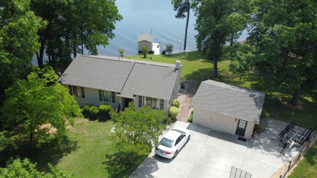 roof installation with architectural shingles in macon nc aerial view