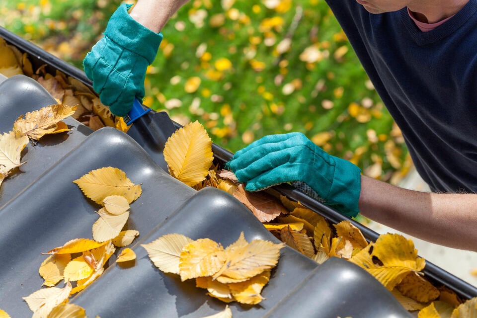 diy gutter cleaning-overhead view of man wearing gloves removing leaves and debris from gutter system on house