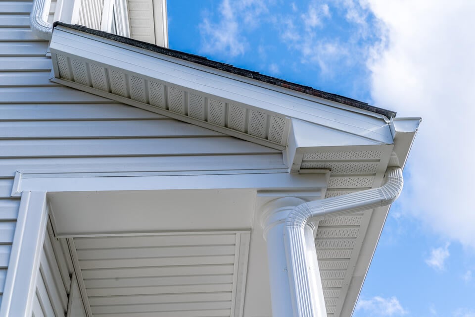 rake board vs fascia-angled view of fascia on a white sided house