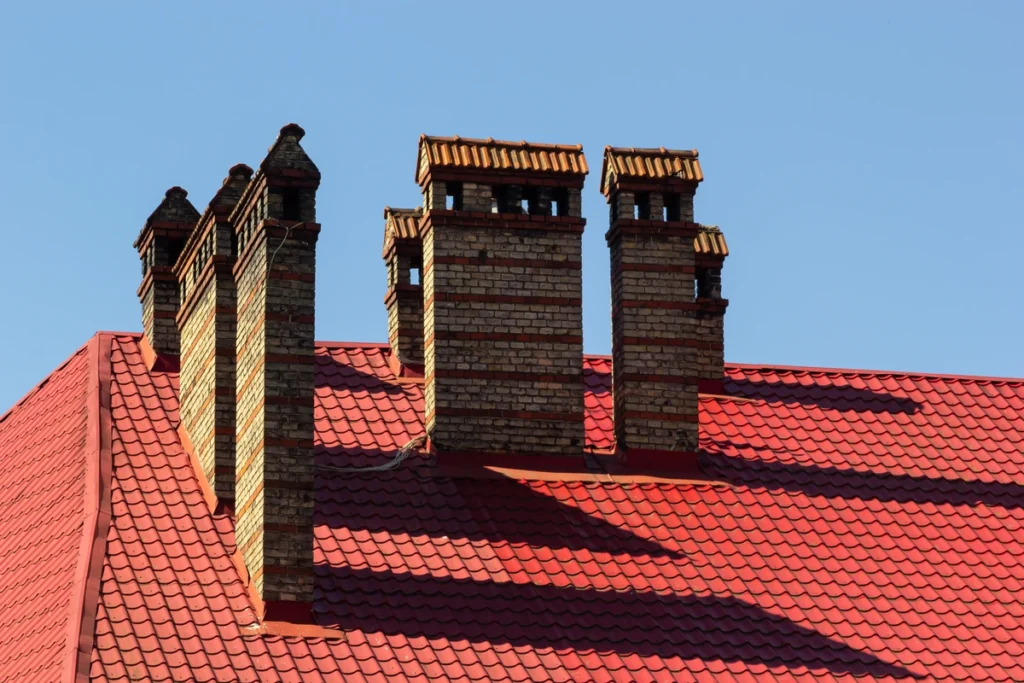 Brick chimneys with metal roof flashing for preventing leaks.