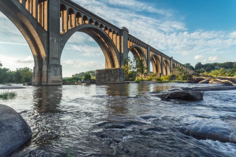 This concrete arch railroad bridge spanning the James River was built by the Atlantic Coast Line, Fredericksburg and Potomac Railroad in 1919 to route transportation of freight around Richmond, VA.