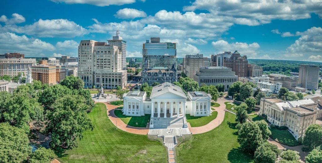 Aerial view of capitol square in Richmond with Virginia state capital, executive mansion, department of agriculture, old city hall, skyline