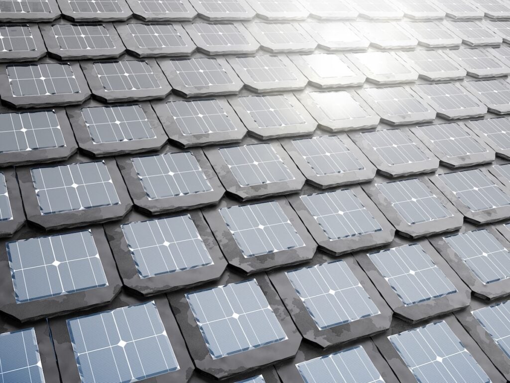Solar panel integrates into the roof tiles or shingles. 3d illustration.