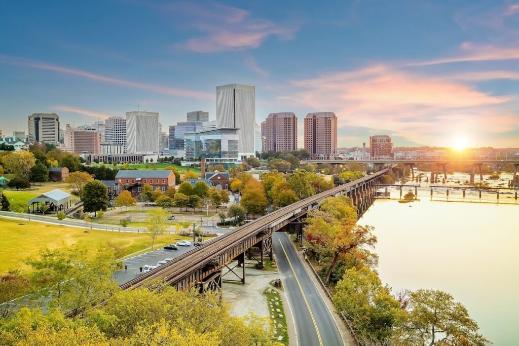 Richmond downtown city skyline cityscape in Virginia, USA at sunset