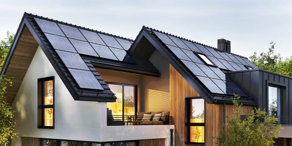 Solar panels on the roof of a beautiful modern home