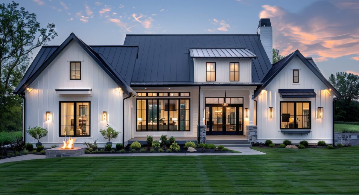 A modern farmhouse with black windows and a metal roof is lit up at dusk, showcasing its elegant design and inviting exterior.