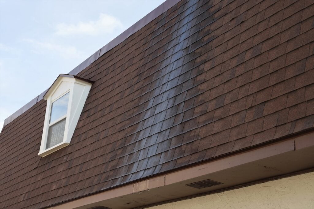 black streaks on roof Mansard Shingles with Water Stain and Dormer