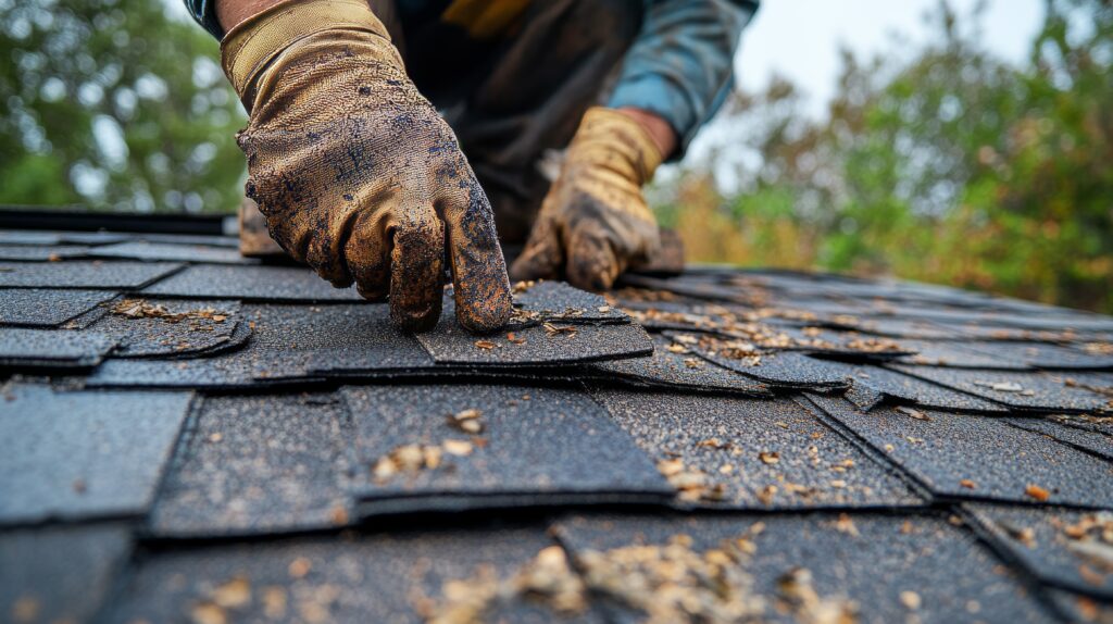 roof granule loss Close-up of a roofer inspecting a shingle roof, cracks and dents from hail clearly visible, with worn-out edges and granule loss shown in detail
