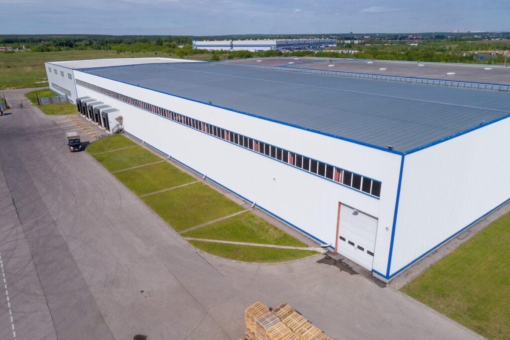 warehouse building from the height, summer, a platform for transport