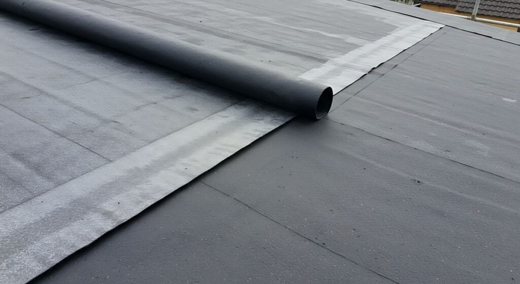 Laying a new layer of dark grey waterproofing membrane
