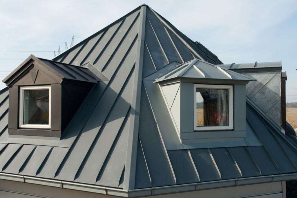 metal roof trim dark grey multiple windows attic
