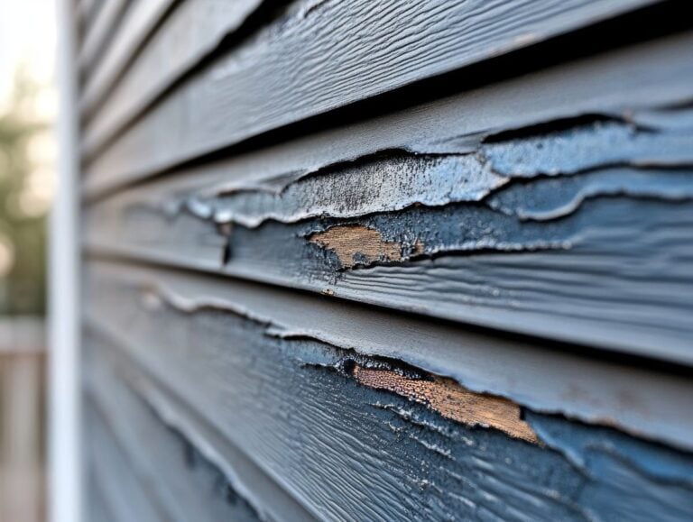 Close up of damaged vinyl siding with peeling