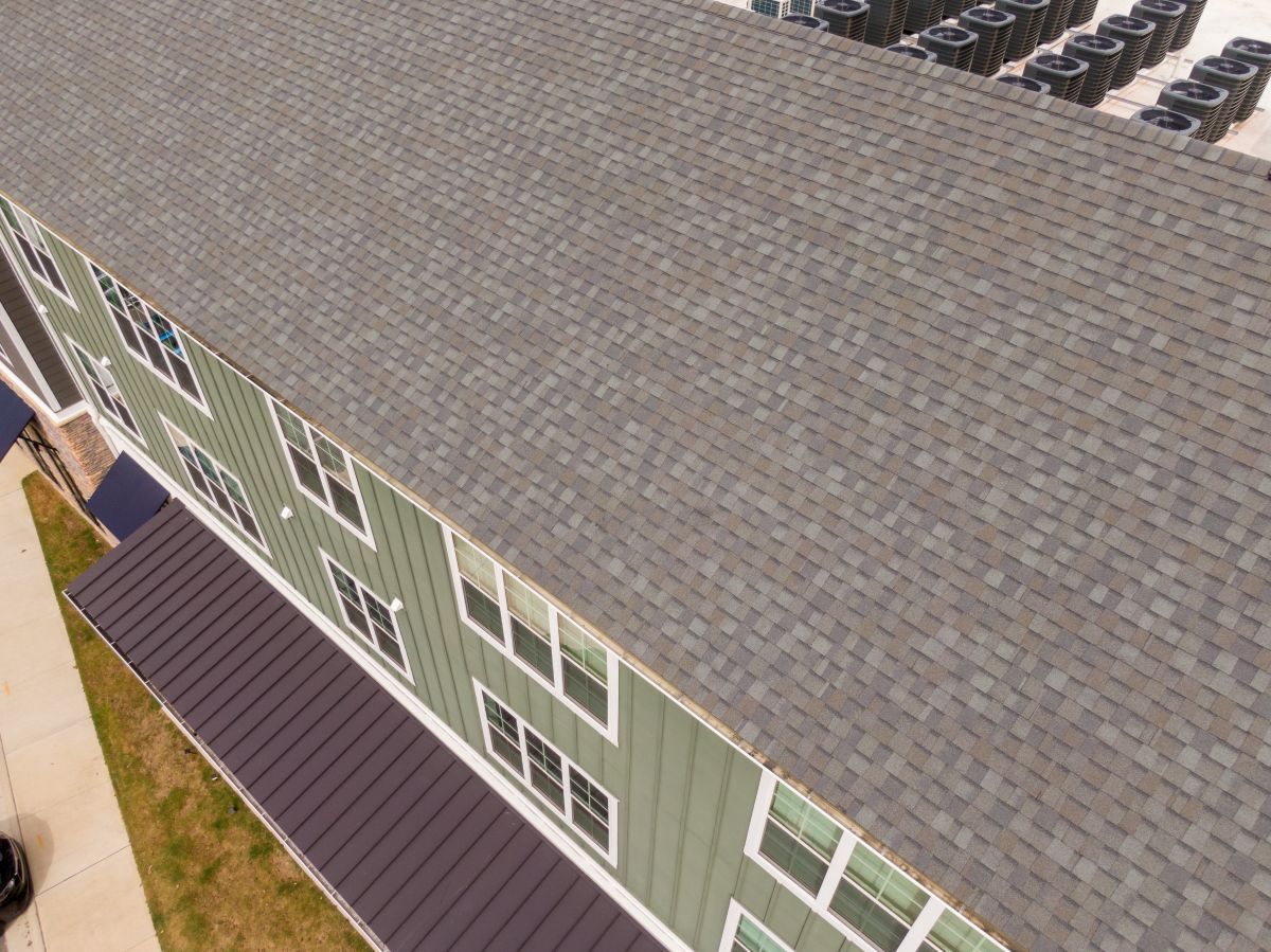close-up of shingle roof on apartment buildings