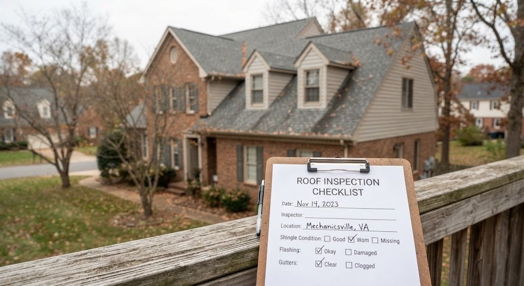 Roof inspection checklist on a clipboard in front of a suburban home with an asphalt shingle roof in autumn.