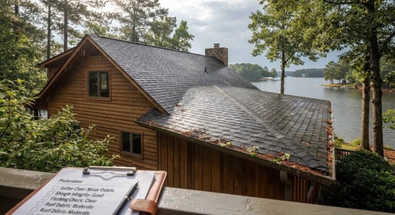 Inspection checklist on deck overlooking lake and house.