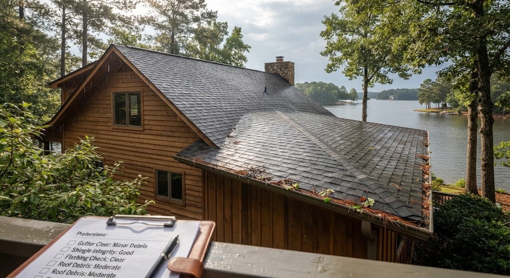 Inspection checklist on deck overlooking lake and house.