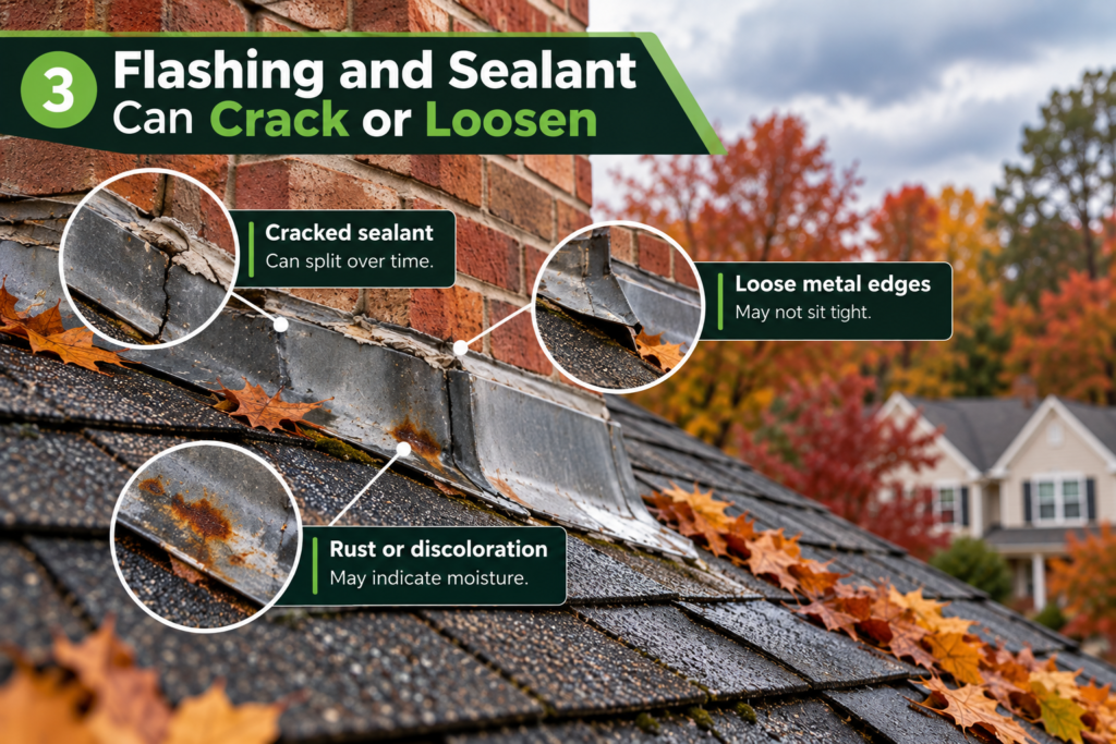 Cracked sealant, loose flashing, and metal discoloration on an asphalt shingle roof in Chesterfield, Virginia.