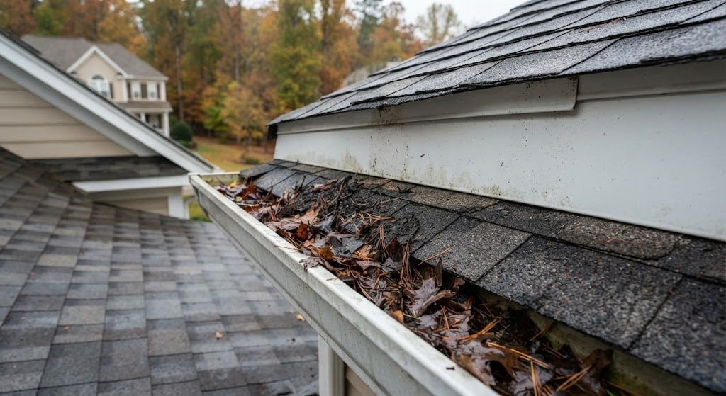 Close-up of a residential roof gutter overflowing with a dense, wet mess of autumn leaves and pine needles, indicating a need for cleaning to prevent water damage.