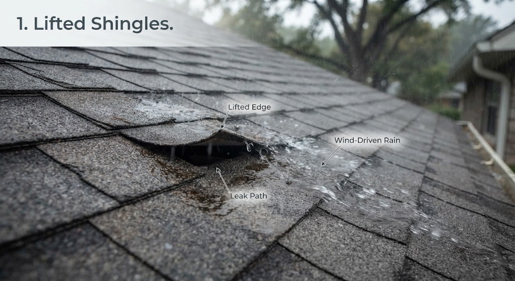 Wind-driven rain entering under a lifted shingle edge.