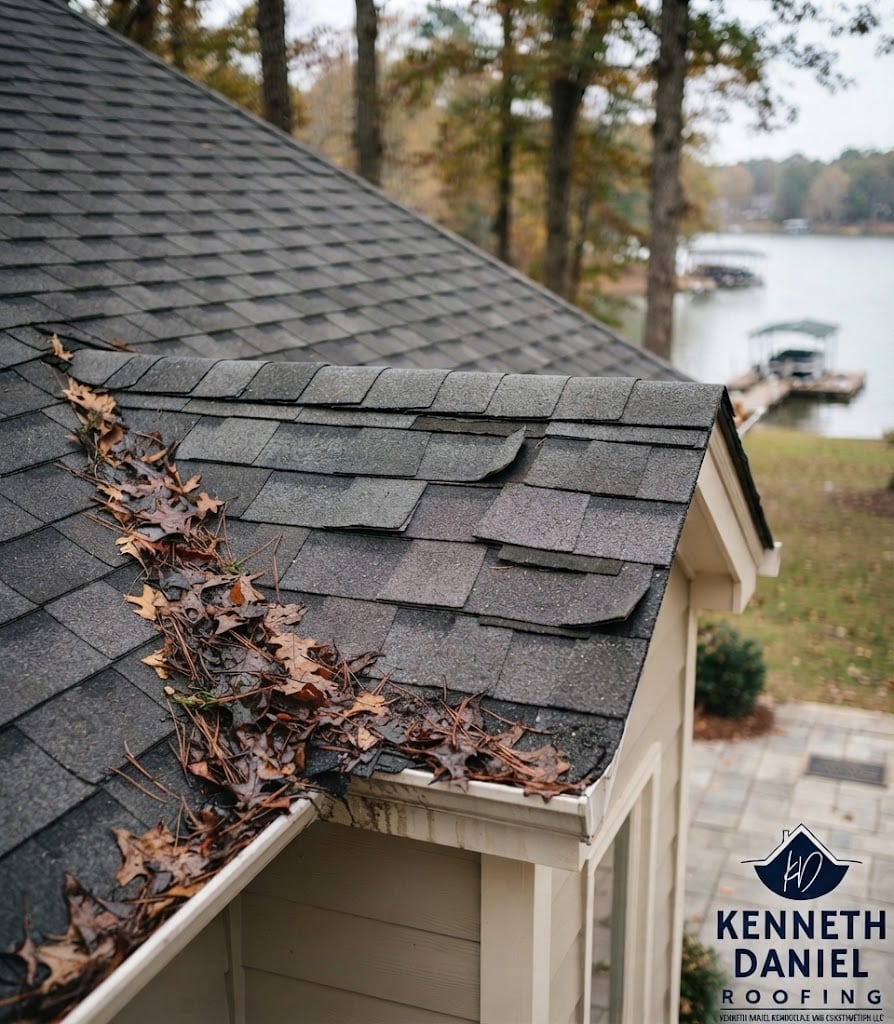 A detailed close-up photograph of a residential asphalt shingle roof near Lake Gaston, showing significant shingle damage, curled edges, and a heavy accumulation of dry oak leaves in the roof valley and gutter, indicating a need for professional repair.