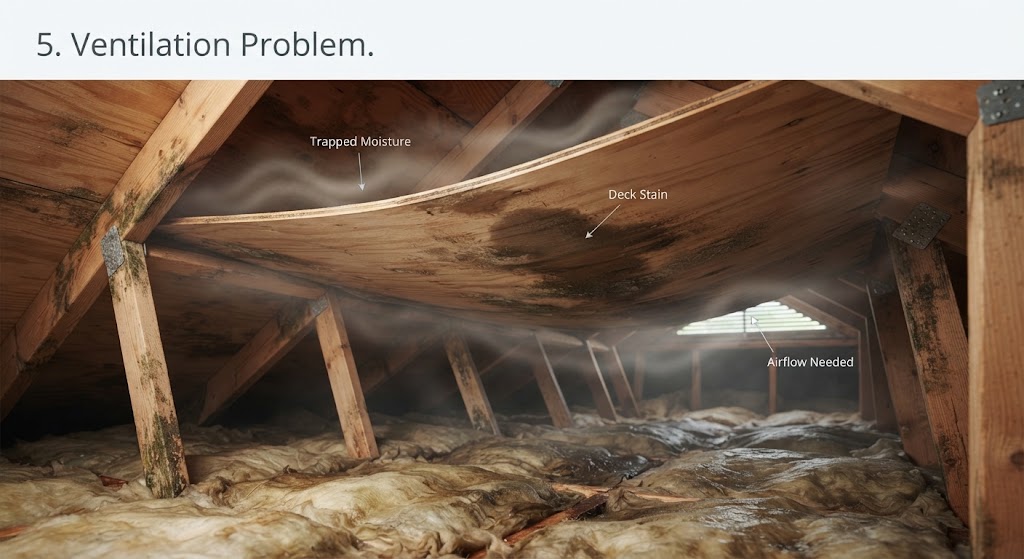 Attic ventilation problem showing sagging plywood, trapped moisture, and deck stain.