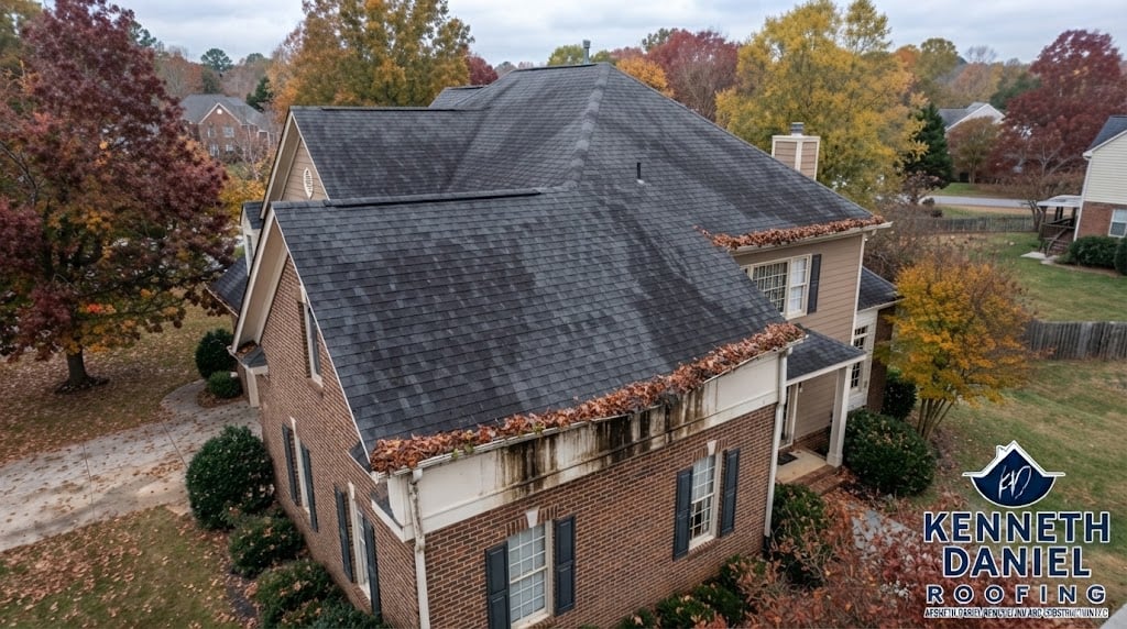 High-angle aerial view of a residential home roof in autumn, showing gutters heavily packed with brown leaves and debris, indicating a need for cleaning. The Kenneth Daniel Roofing logo is visible in the bottom right corner.