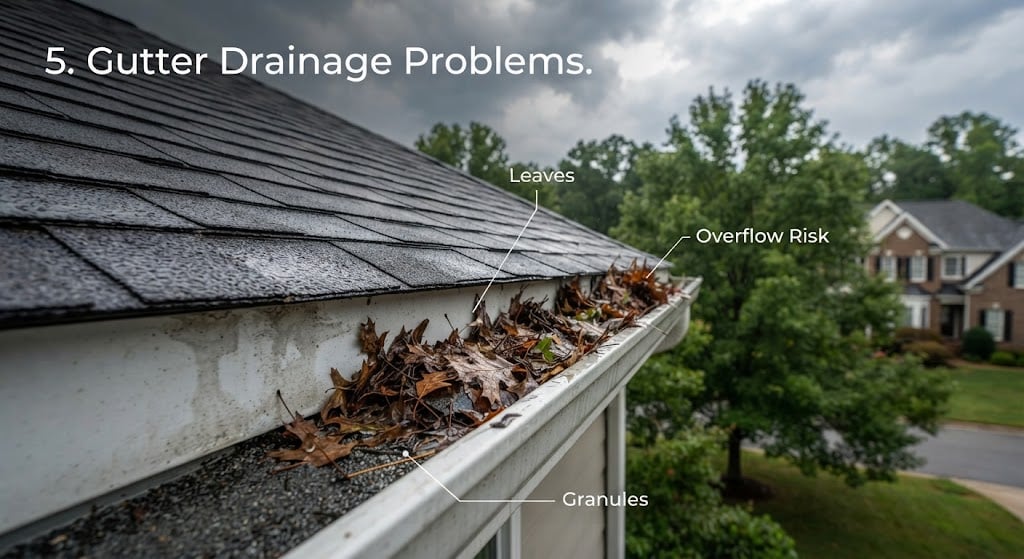 Residential roof gutter clogged with leaves, twigs, and shingle granules.