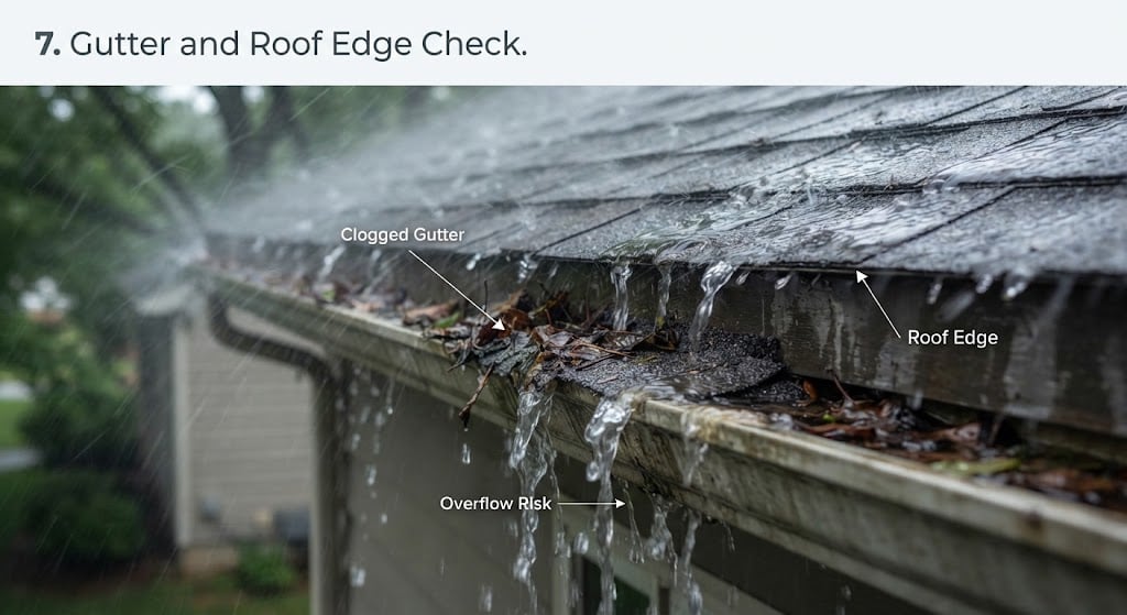 Clogged gutter overflowing during heavy rain.