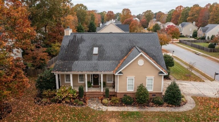 falling leaves and roof leak concerns on Littleton NC asphalt shingle roof
