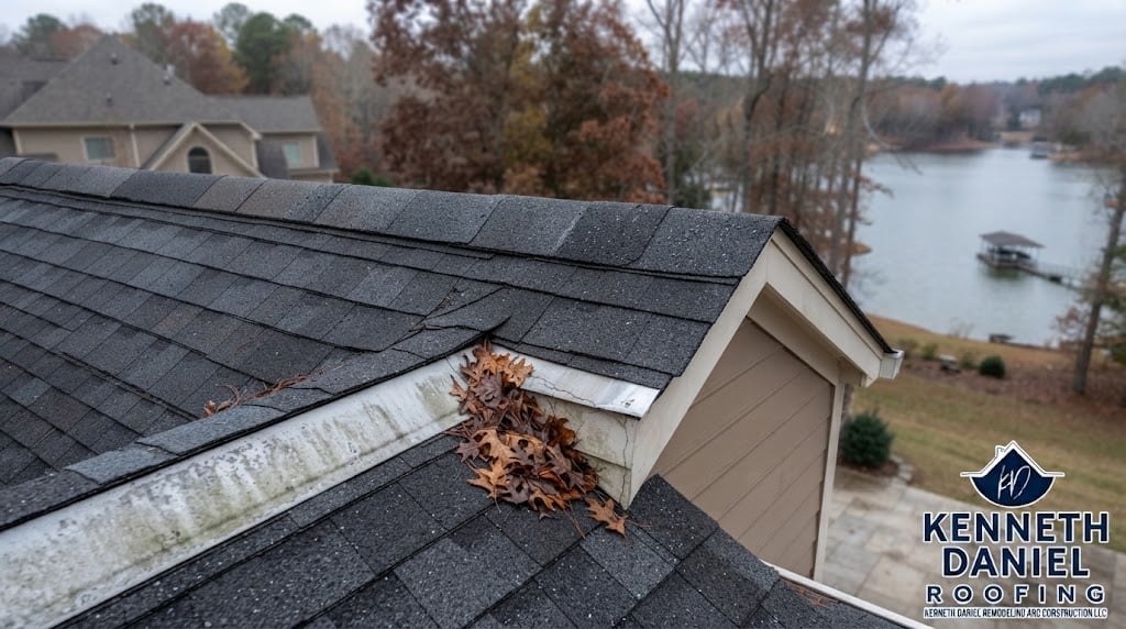 High-angle view of a residential dark shingle roof near a lake house showing a white gutter heavily clogged with dry oak leaves and debris, with the Kenneth Daniel Roofing logo visible in the corner.