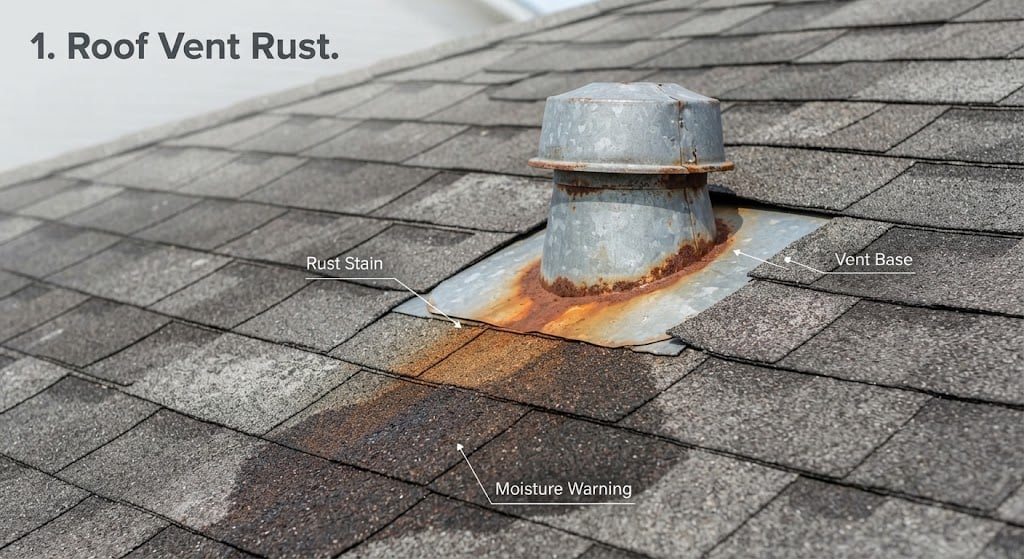 Roof vent with rust stain and moisture warning on asphalt shingles.