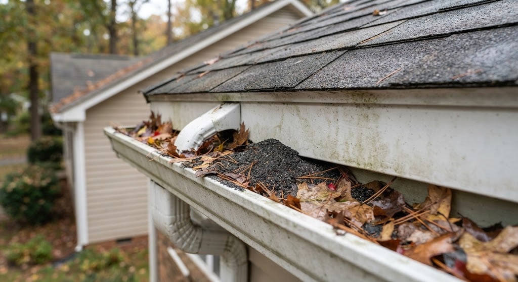 Close-up of a residential roof gutter heavily clogged with a mixture of wet autumn leaves, pine needles, and a large pile of dark asphalt shingle granules, indicating significant roof wear and poor drainage.