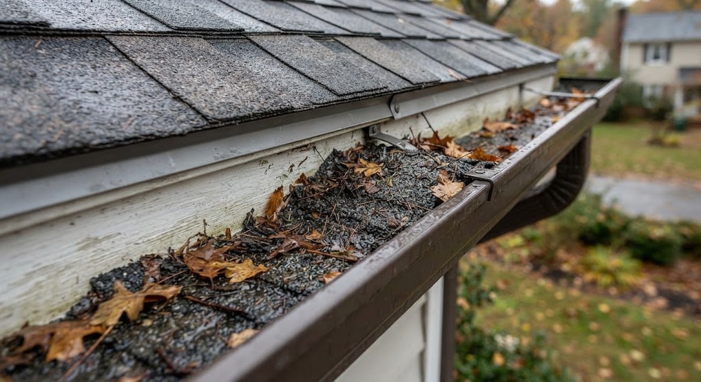 Clogged residential gutter filled with autumn leaves and debris.