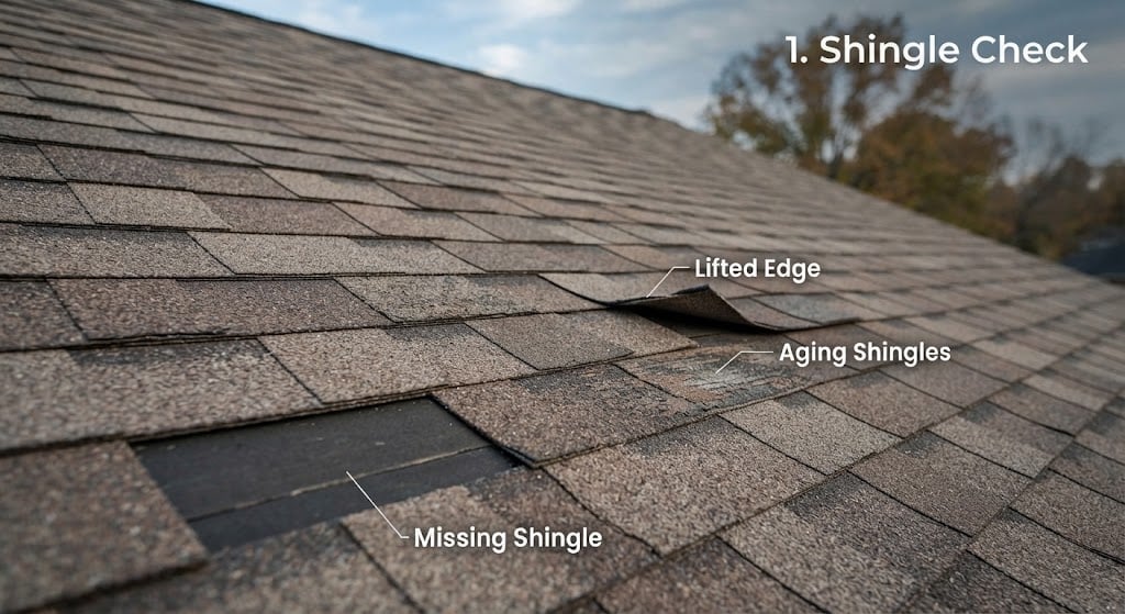 Roof inspection showing missing shingle, lifted edge, and aging shingles.
