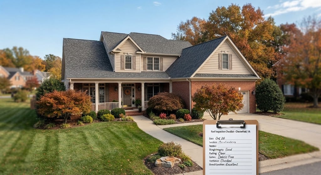 Suburban brick home exterior in fall with roof inspection checklist clipboard in foreground.