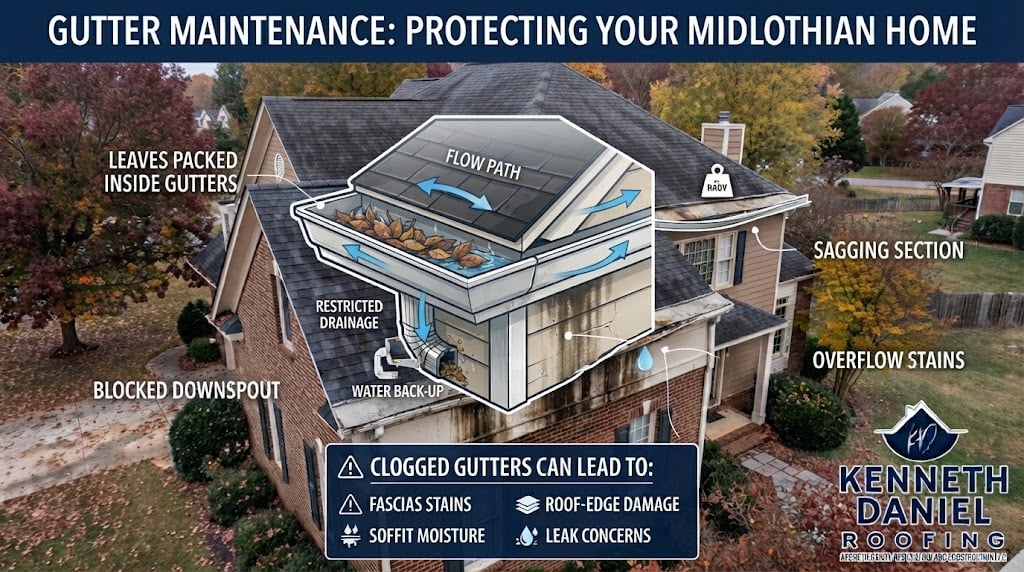 An annotated infographic titled 'GUTTER MAINTENANCE: PROTECTING YOUR MIDLOTHIAN HOME' showing a cutaway diagram of a clogged gutter system on a residential house. Text labels point to specific issues like 'LEAVES PACKED INSIDE GUTTERS,' 'BLOCKED DOWNSPOUT,' 'SAGGING SECTION,' and 'OVERFLOW STAINS,' with a checklist below detailing consequences such as 'FASCIAS STAINS' and 'ROOF-EDGE DAMAGE.' The Kenneth Daniel Roofing logo is in the bottom right corner.
