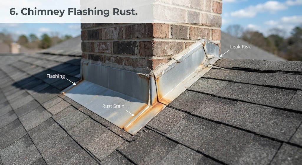 Chimney flashing with rust stains and leak risk on asphalt shingle roof.