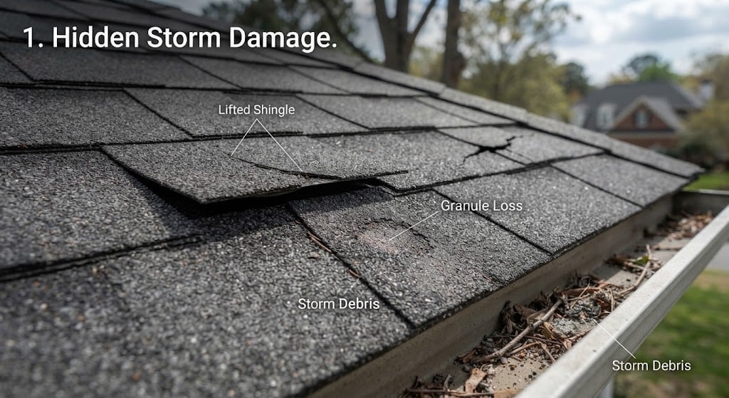 Asphalt shingle roof damage with lifted shingle, granule loss, and debris in gutter labeled with text.