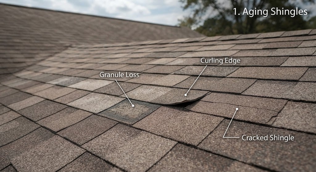 Roof inspection showing granule loss, curling edge, and cracked shingle.