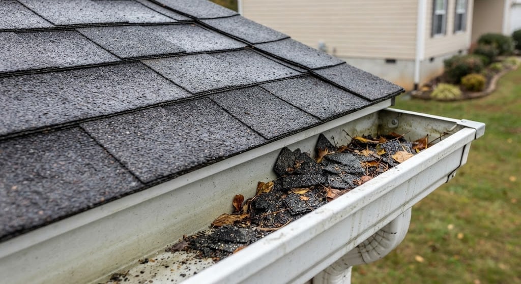 Residential roof gutter clogged with shingle granules and leaves.