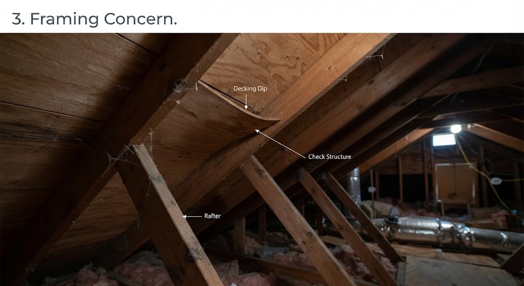 Attic inspection showing rafter and decking dip.
