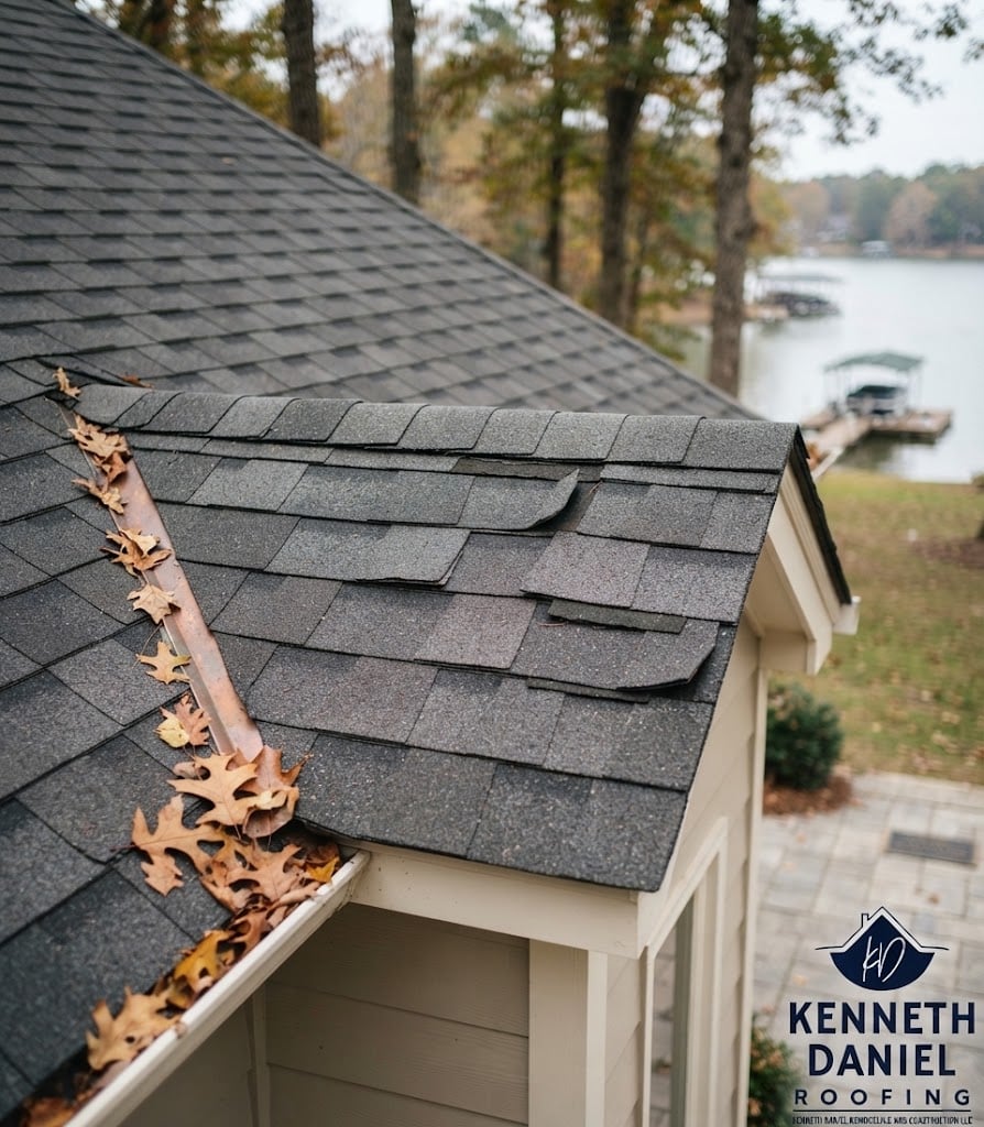 Detailed close-up of a Lake Gaston residential roof showing significant shingle damage, curling edges, and a heavy accumulation of dry oak leaves in the gutter valley, indicating a need for roof repair before winter.