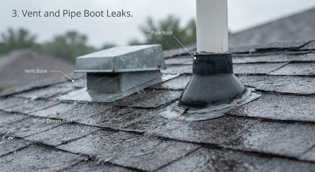 Roof vent and pipe boot during windy rain.