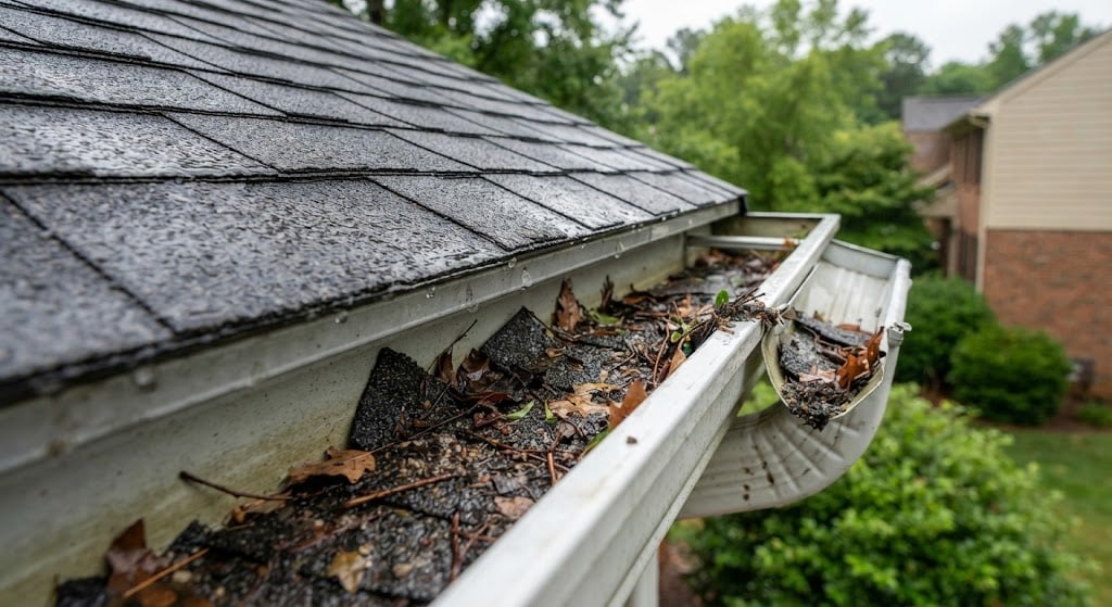 Residential roof gutter overflowing with leaves, twigs, and shingle granules after rain.