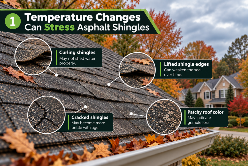 Temperature changes causing curling, lifted edges, cracks, and granule loss on asphalt shingles in Chesterfield, Virginia.