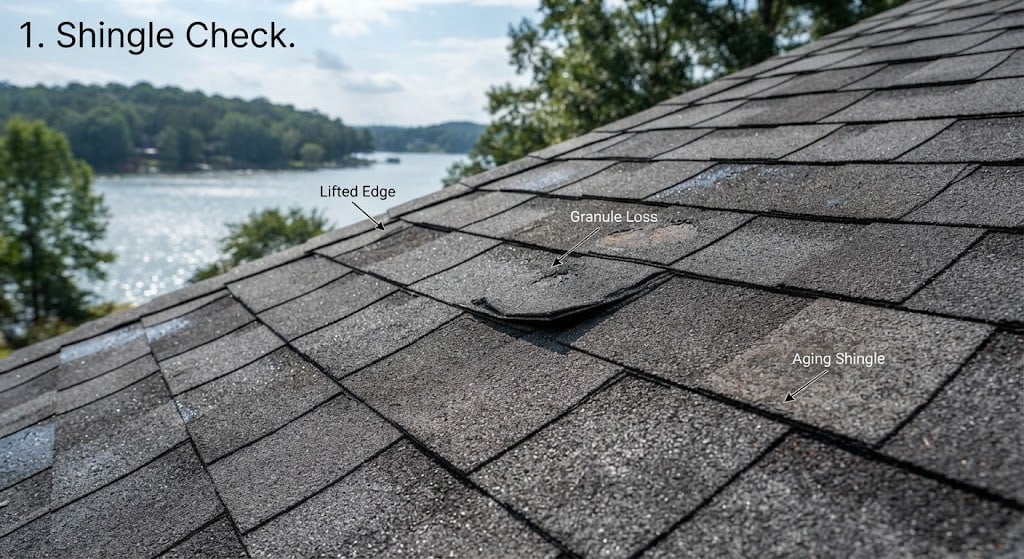 Asphalt shingle roof with lifted edge and granule loss.