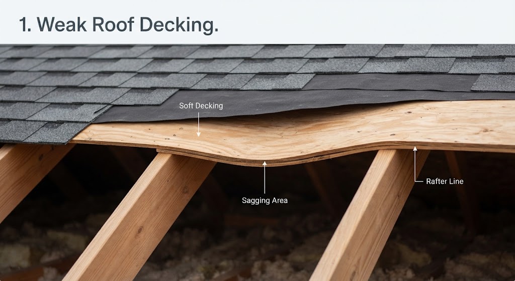 Cross-section of a roof showing sagging plywood decking between rafters.