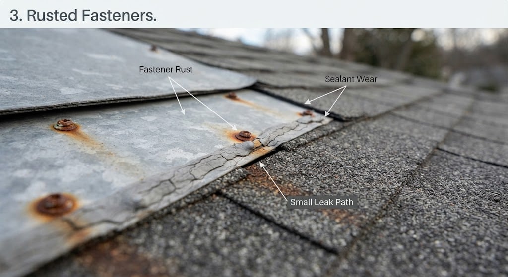 Roof flashing detail with rusted fasteners and sealant wear.