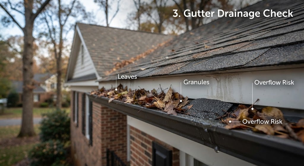 Roof gutter filled with leaves and granules showing overflow risk.
